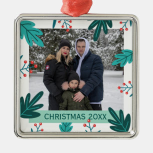 Modern Leaves & Berries Custom Christmas Photo Metal Tree Decoration