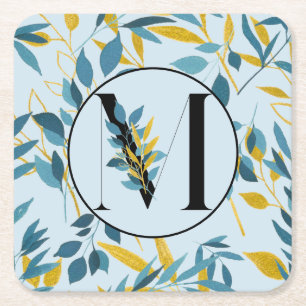 Modern Leaves Blue Gold "Letter M" Square Paper Coaster