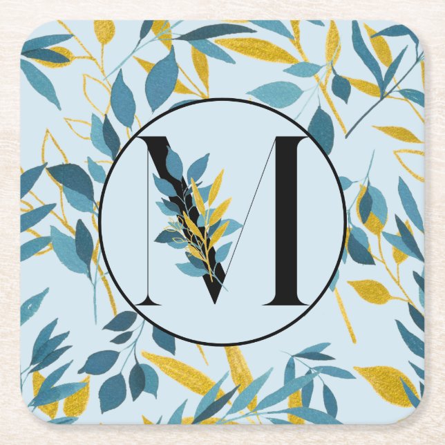 Modern Leaves Blue Gold "Letter M" Square Paper Coaster (Front)