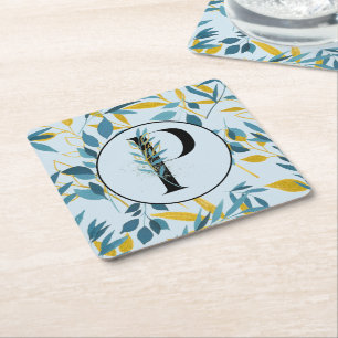 Modern Leaves Blue Gold "Letter P" Square Paper Coaster