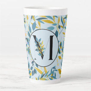Modern Leaves Navy Blue Gold "Letter M"   Latte Mug