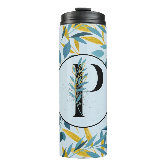 Modern Leaves Navy Blue Gold "Letter P" Thermal Tumbler (Front)