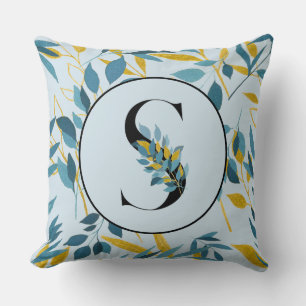 Modern Leaves Navy Gold Letter "S" Cushion