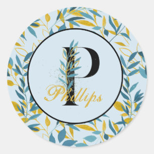 Modern Leaves Navy Gold Monogram "Letter P" Classic Round Sticker