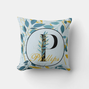 Modern Leaves Navy Gold Monogram "Letter P" Cushion
