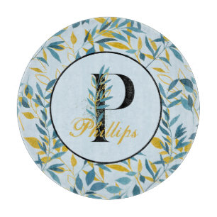 Modern Leaves Navy Gold Monogram "Letter P" Cutting Board
