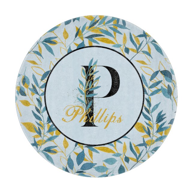 Modern Leaves Navy Gold Monogram "Letter P" Cutting Board (Front)