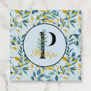 Modern Leaves Navy Gold Monogram "Letter P" Favour Tags