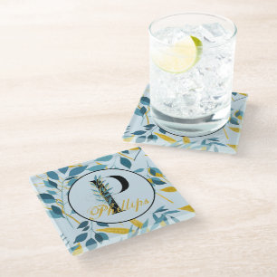 Modern Leaves Navy Gold Monogram "Letter P" Glass Coaster