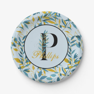 Modern Leaves Navy Gold Monogram "Letter P" Paper Plate