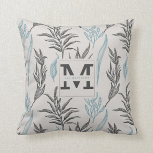 Modern Leaves Pattern Cream Brown Custom Monogram Cushion