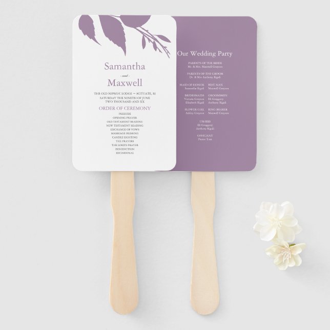 Modern Leaves Purple Wedding Hand Fan (Front and Back)