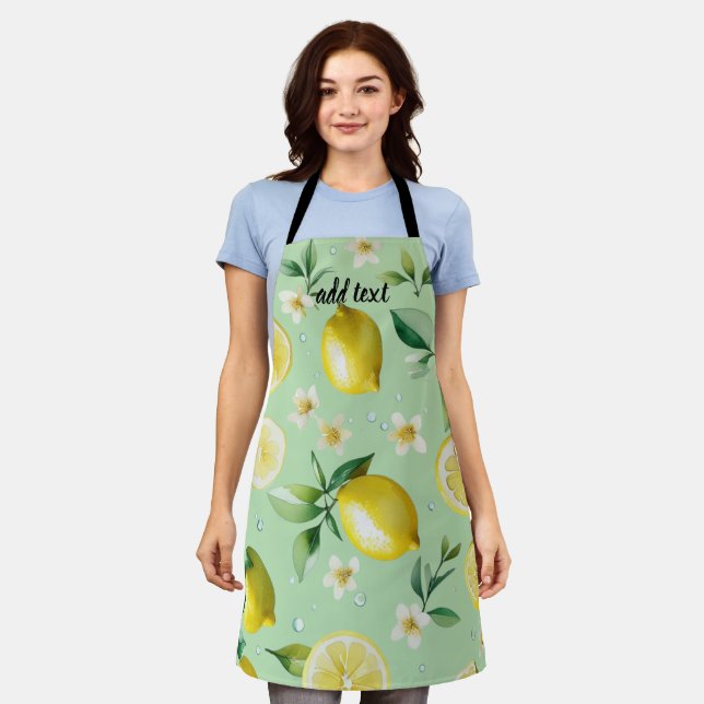 Modern lemon blue floral script bridal shower apron (Worn)
