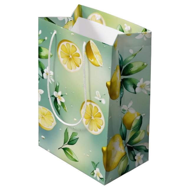 Modern lemon blue floral script bridal shower medium gift bag (Back Angled)