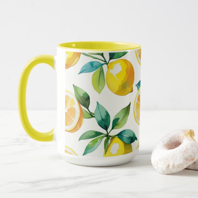 Modern lemon blue floral script bridal shower mug (With Donut)