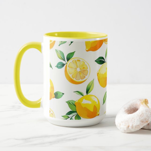 Modern lemon blue floral script bridal shower mug (With Donut)