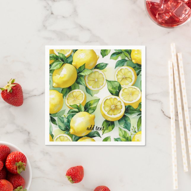 Modern lemon blue floral script bridal shower napkin (Insitu)