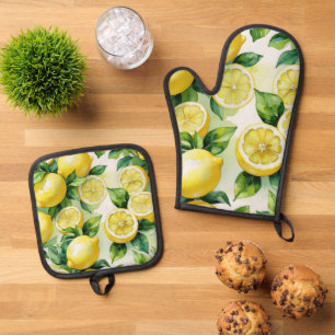 Modern lemon blue floral script bridal shower oven mitt & pot holder set