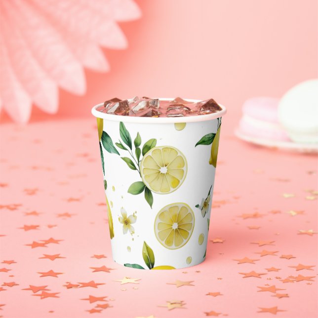 Modern lemon blue floral script bridal shower paper cups (Insitu)
