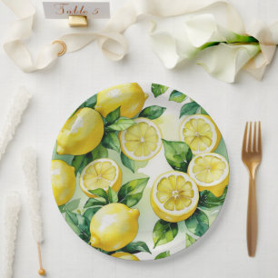Modern lemon blue floral script bridal shower paper plate