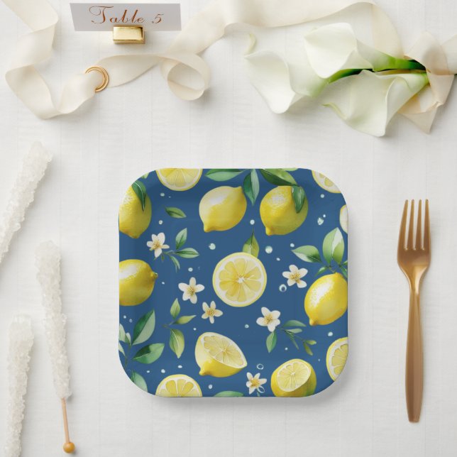 Modern lemon blue floral script bridal shower paper plate (Wedding)