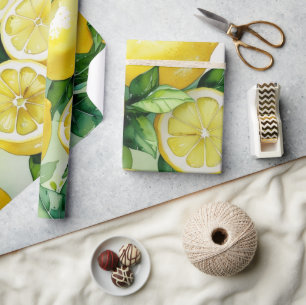 Modern lemon blue floral script bridal shower wrapping paper