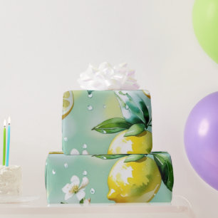 Modern lemon blue floral script bridal shower wrapping paper