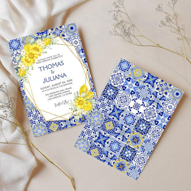 Modern lemon Blue Italian Mediterranean Wedding  Invitation (Creator Uploaded)