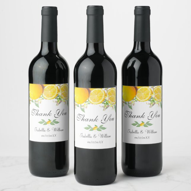 Modern Lemon Boho Summer Wedding Thank You Wine Label (Bottles)