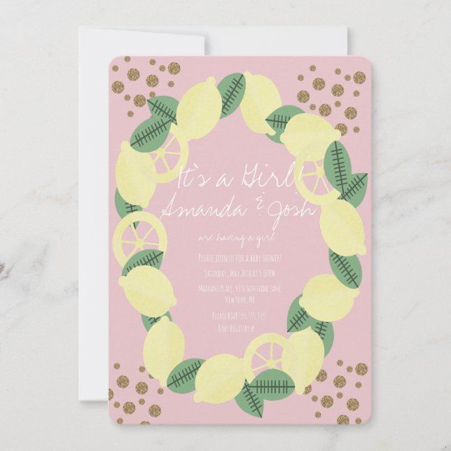 Modern Lemon Citrus Faux Glitter Dots Baby Shower Invitation (Front)