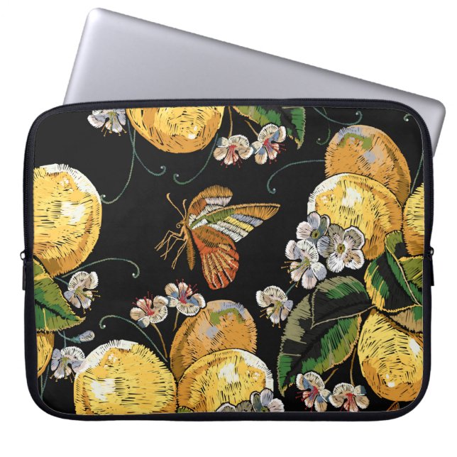 Modern Lemon Citrus Floral Butterfly Pattern Laptop Sleeve (Front)