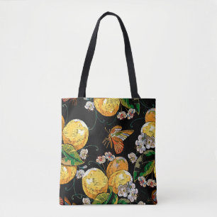 Modern Lemon Citrus Floral Butterfly Pattern Tote Bag