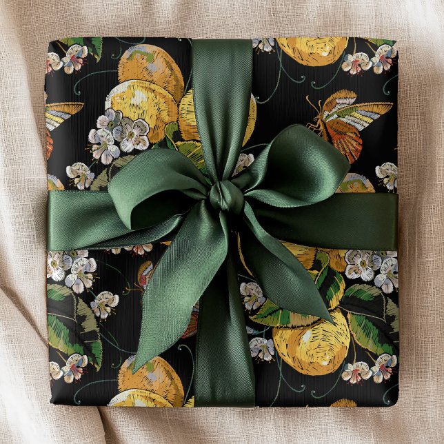 Modern Lemon Citrus Floral Butterfly Pattern Wrapping Paper (Creator Uploaded)
