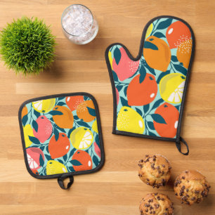 Modern Lemon Citrus Fruit Art Oven Mitt & Pot Holder Set
