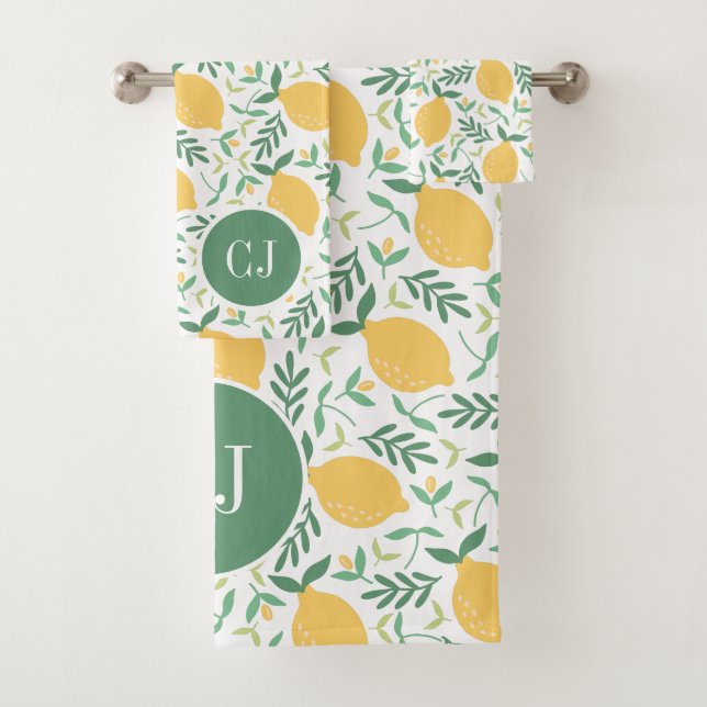 Modern Lemon Citrus Yellow Green Leaves Monogram Bath Towel Set (Insitu)