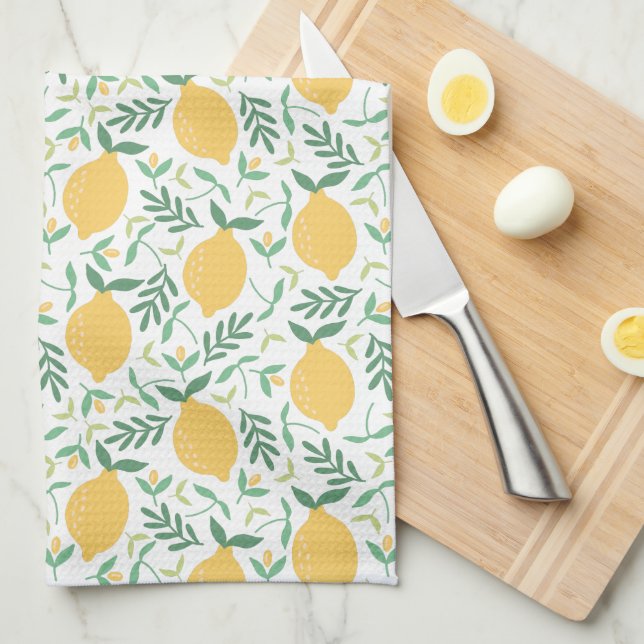 Modern Lemon Citrus Yellow Green Leaves Monogram Tea Towel (Quarter Fold)