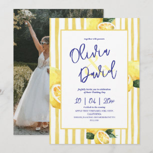 Modern Lemon Citrus Yellow Pinstripe Wedding Photo Invitation