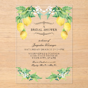 Modern Lemon Elegant Floral Blue Bridal Shower Acrylic Invitations