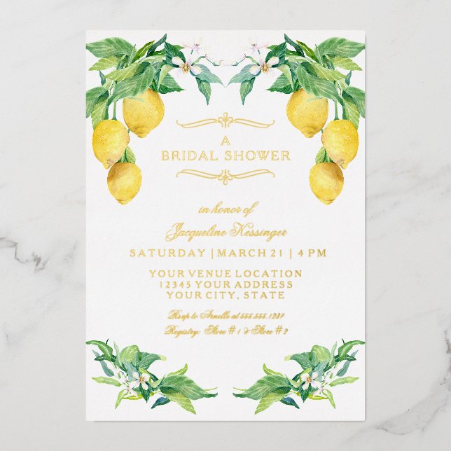 Modern Lemon Elegant Floral Gold Bridal Shower (Front)