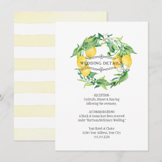 Modern Lemon Floral Citrus Foliage Wedding Details Invitation (Front/Back)