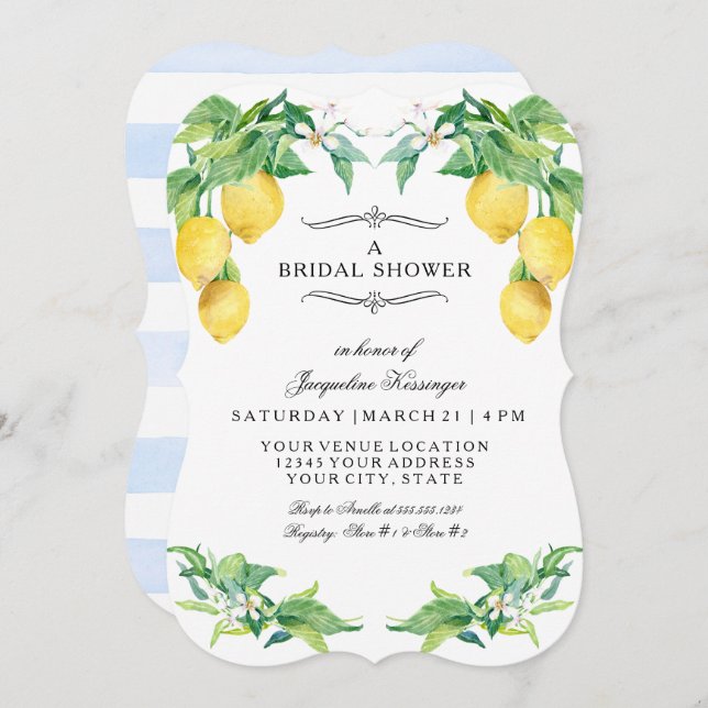 Modern Lemon Floral Elegant Blue Bridal Shower Invitation (Front/Back)