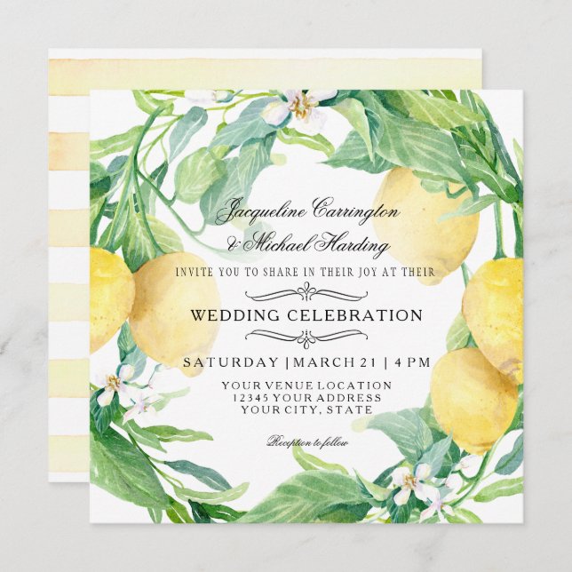 Modern Lemon Floral Flower Wreath Citrus Wedding Invitation (Front/Back)