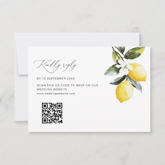 Modern Lemon Floral Wedding QR code RSVP card (Front)