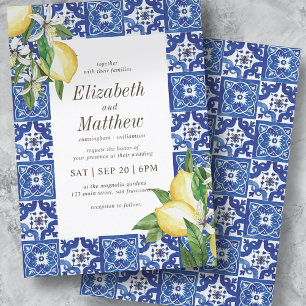 Modern Lemon Foliage Blue Mediterranean Wedding Invitation