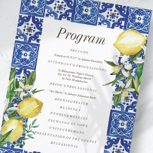Modern Lemon Foliage Blue Mediterranean Wedding Programme