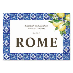 Modern Lemon Foliage Blue Mediterranean Wedding Table Number