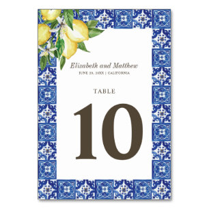 Modern Lemon Foliage Blue Mediterranean Wedding Table Number