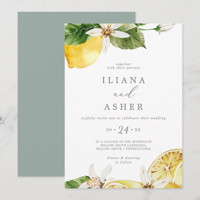 Modern Lemon Garden Casual Wedding Invitation (Front/Back)