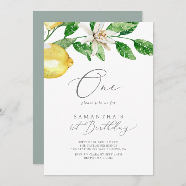 Modern Lemon Garden First Birthday Party Invitation (Front/Back)