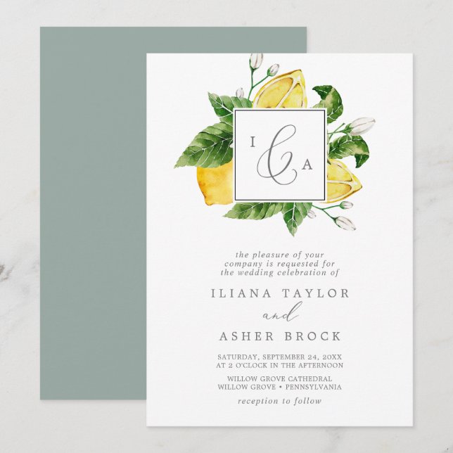 Modern Lemon Garden Formal Monogram Wedding Invitation (Front/Back)
